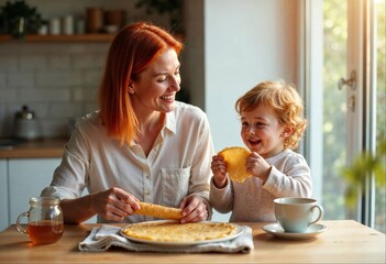 Mother and child enjoying crepes during Maslenitsa celebration