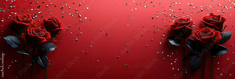 Poster a visually striking background featuring red roses and shimmering elements on a red backdrop.