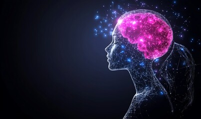 Fototapeta premium Illuminated female profile with glowing brain, representing intelligence, knowledge, and neural activity.