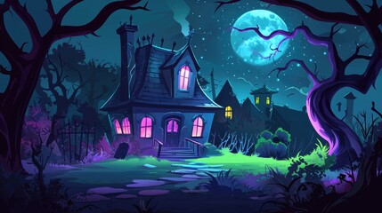 A spooky house with glowing windows and a full moon in a dark forest