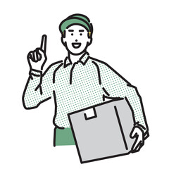 シンプル　イラスト　指差しポーズをする笑顔の配達員の男性