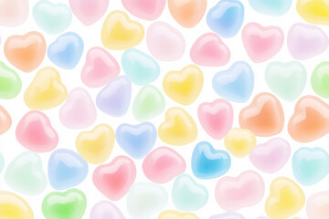 Valentine day. A pattern of pastel-colored, heart-shaped candies, arranged in a scattered fashion on the screen. 