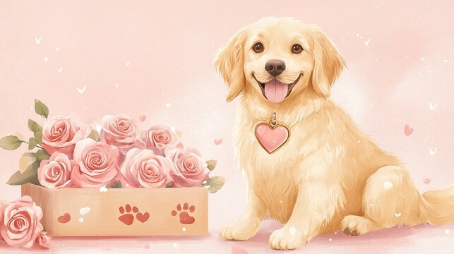 Adorable golden retriever puppy sitting beside a box of pink roses on a pink background.