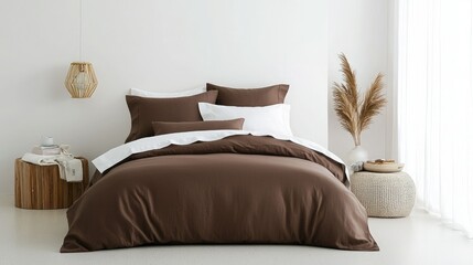 Fototapeta premium A cozy, modern bedroom setup featuring a brown duvet, white pillows, and stylish decor, creating a warm and inviting atmosphere.