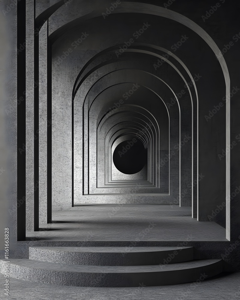 Poster grayscale rendering of receding arched corridor with concrete platform