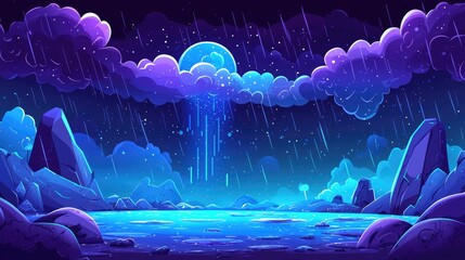 Fototapeta premium Nighttime Fantasy Landscape with Raining Blue Stars and a Moon-Shaped Cloud