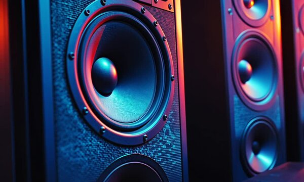 Stunning Close-Up of Modern Audio Speakers in Vibrant Blue and Orange Lighting, Showcasing High-Quality Sound Equipment Design and Craftsmanship
