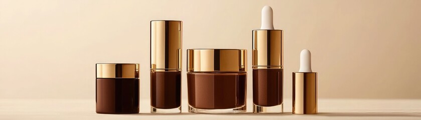A minimalist display of elegant cosmetic bottles in rich brown and gold, showcasing beauty products in a stylish arrangement.