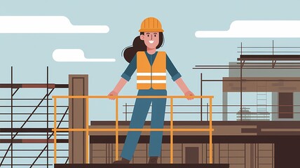 illustration of a female construction laborer wearing a hard hat, yellow vest, and jeans, standing on a platform and holding a safety railing, with a construction site in the background