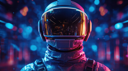 futuristic astronaut in sleek helmet stands against vibrant, colorful background. scene evokes sense of adventure and exploration in high tech environment
