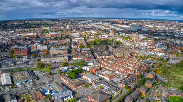 Aerial View of Liverpool Suburb of Birkenhead, England, United Kingdom