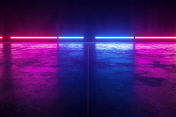 Fototapeta premium Dark night neon light reflections on a sleek abstract concrete floor