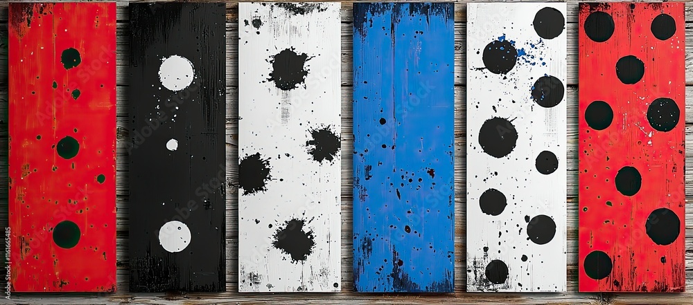 Aufkleber abstract artwork featuring colored panels with varying dot patterns and textures.
