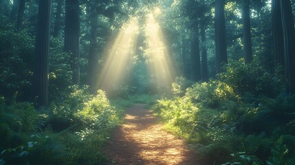 Obraz premium Mystical redwood forest trail with golden sunbeams piercing through towering sequoia trees, creating dramatic Tyndall effect amidst morning mist and lush undergrowth.