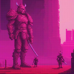 Samurai in pixel art, front of a building