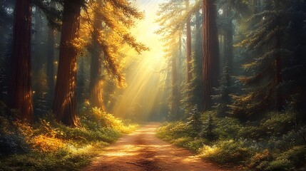 Obraz premium Mystical redwood forest trail with golden sunbeams piercing through towering sequoia trees, creating dramatic Tyndall effect amidst morning mist and lush undergrowth.