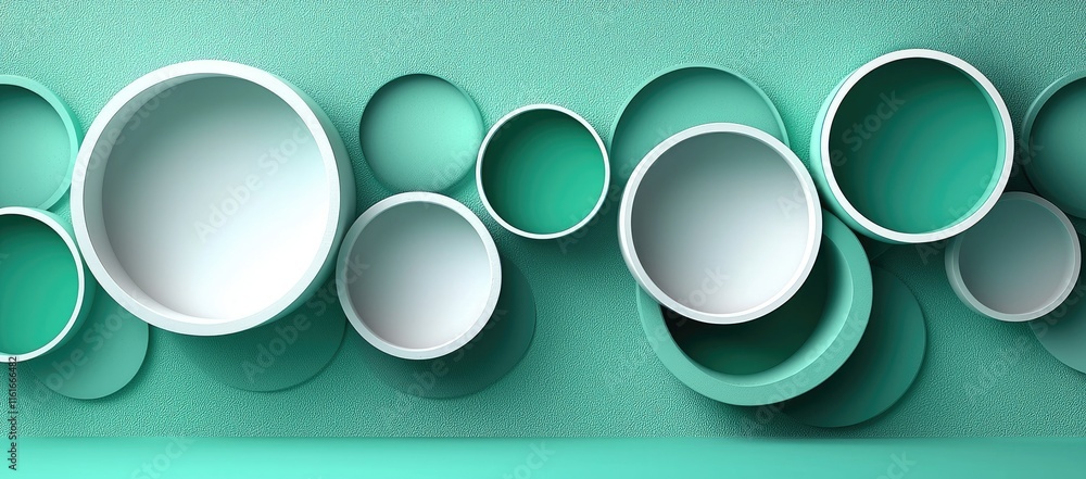 Poster abstract design featuring circular shapes in varying sizes and shades of teal and white.