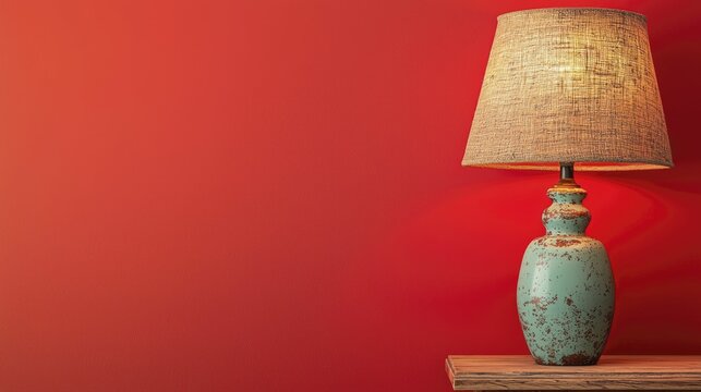 Sustainable upcycled furniture concepts, striking red background featuring an elegant lamp crafted from vintage items, adding flair to any room.