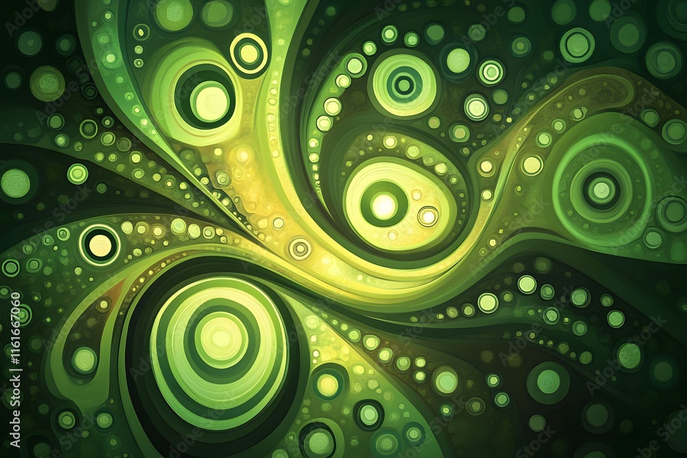 Poster abstract green swirl pattern with concentric circles and dots