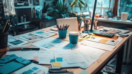 A cluttered desk with scattered papers, coffee cups, and stationary 