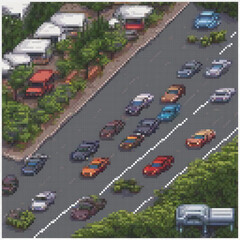 Pixel art depicting a bustling street scene with various vehicles.