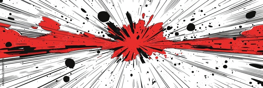 Poster abstract explosion graphic with dynamic lines and splashes of red and black.