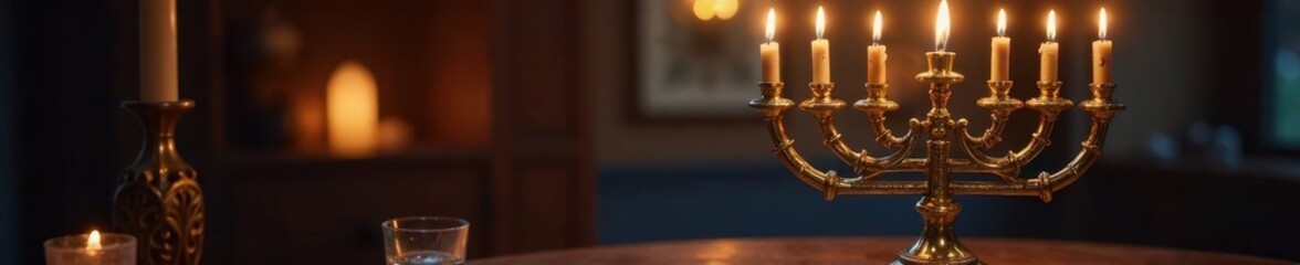 Ornate gold menorah, flickering candlelight illuminates the dark , culture, celebration, heritage
