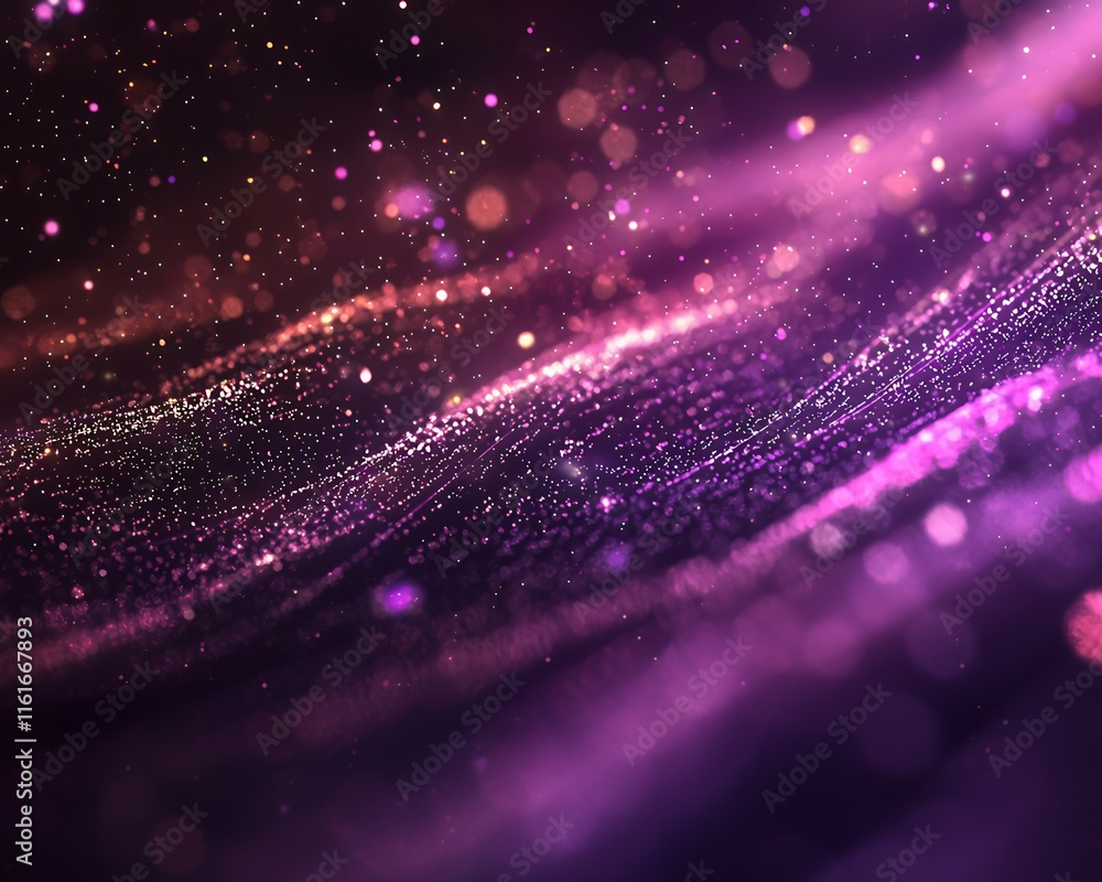 Wall mural glowing particle stream on a rich purple abstract background for futuristic tech themes.