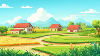 Idyllic Rural Landscape with Farmhouses and Rolling Green Hills