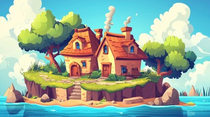 A Stone Cottage on a Lush Island Surrounded by Blue Water