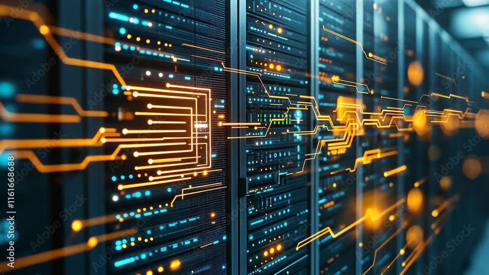 Poster abstract digital network with glowing connections and data servers in background