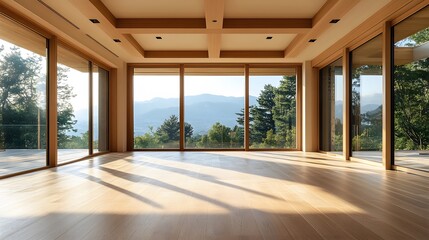 Spacious modern interior renovation with light oak flooring, exposed wooden beams, floor-to-ceiling windows, recessed LED lighting, showcasing minimalist architectural design.