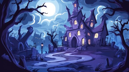 Obraz premium A Haunted Mansion Under a Full Moon in a Graveyard