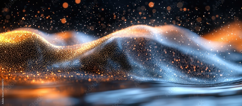 Poster abstract representation of flowing waves with shimmering particles in a dark background.