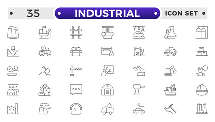 Industrial factories outline icons set. Factory icon illustration. Industry power, chemical manufacturing building warehouse nuclear energy plant. Pack of renovation, power, storage, logistics.
