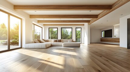 Spacious modern interior renovation with light oak flooring, exposed wooden beams, floor-to-ceiling windows, recessed LED lighting, showcasing minimalist architectural design.