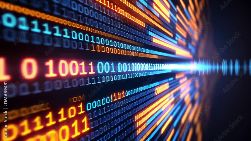 Poster Colorful Digital Binary Code Flowing in a Dark Background Creating Futuristic Effect