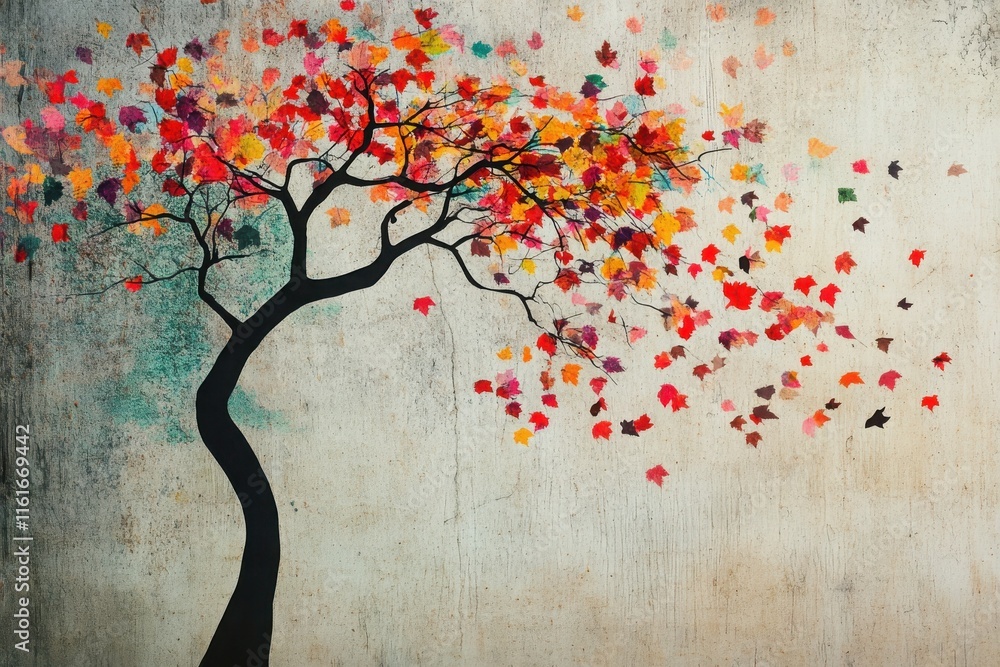 Poster abstract representation of a tree with bright, multicolored leaves hanging gracefully from its branc