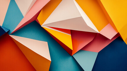 Colorful geometric paper shapes create an abstract design in a vibrant arrangement