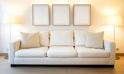Fototapeta premium A minimalist living room featuring a white sofa and empty frames.