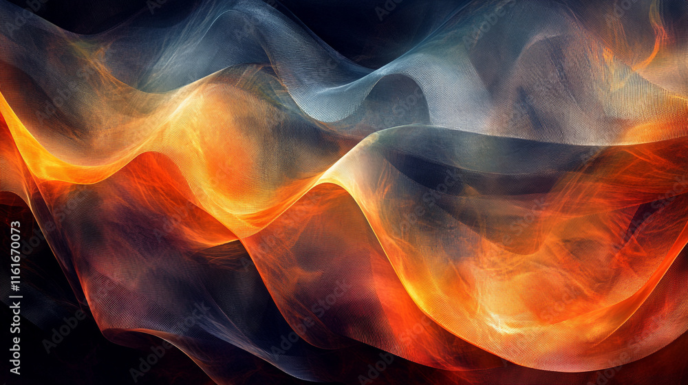 Poster abstract wave patterns create a vibrant display of orange, blue, and gray colors in digital art