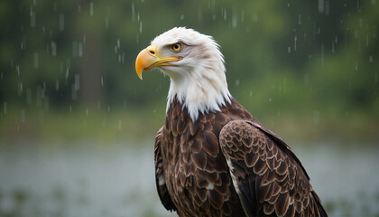 Obraz premium Eagle looking alert in the rain near a tranquil lake