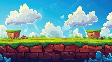 Cartoon Landscape with Cloudy Sky and Stone Cliff