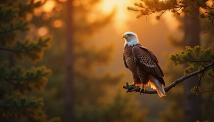Fototapeta premium Bald eagle perched on branch against sunset background
