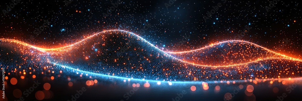 Poster abstract waves of light in blue and orange hues, creating a dynamic visual effect.