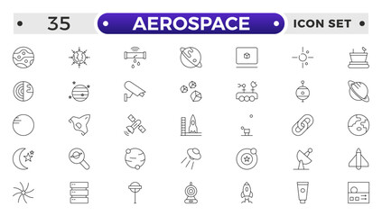 Aerospace icon of science observatory, satellite and rocket .space and planet outline Icons, thin line style. Contains such Icons as space, planet, alien, solar, technology, space travels, stars.