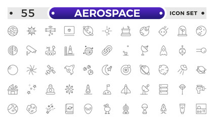 Aerospace icon of science observatory, satellite and rocket .space and planet outline Icons, thin line style. Contains such Icons as space, planet, alien, solar, technology, space travels, stars.