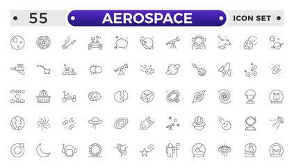 Aerospace icon of science observatory, satellite and rocket .space and planet outline Icons, thin line style. Contains such Icons as space, planet, alien, solar, technology, space travels, stars.