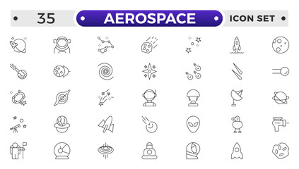 Aerospace icon of science observatory, satellite and rocket .space and planet outline Icons, thin line style. Contains such Icons as space, planet, alien, solar, technology, space travels, stars.