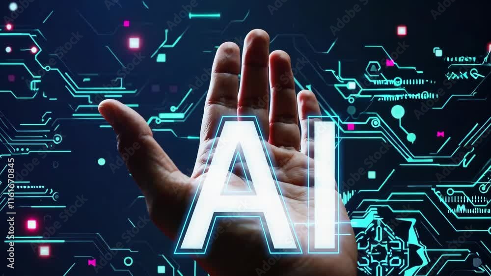 Poster ai technology interaction shot with hand on digital circuit background